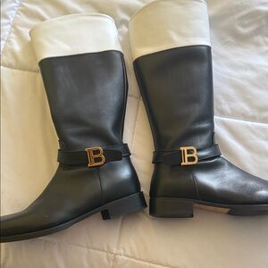Balmain Black and White Leather Boots with Gold Detail